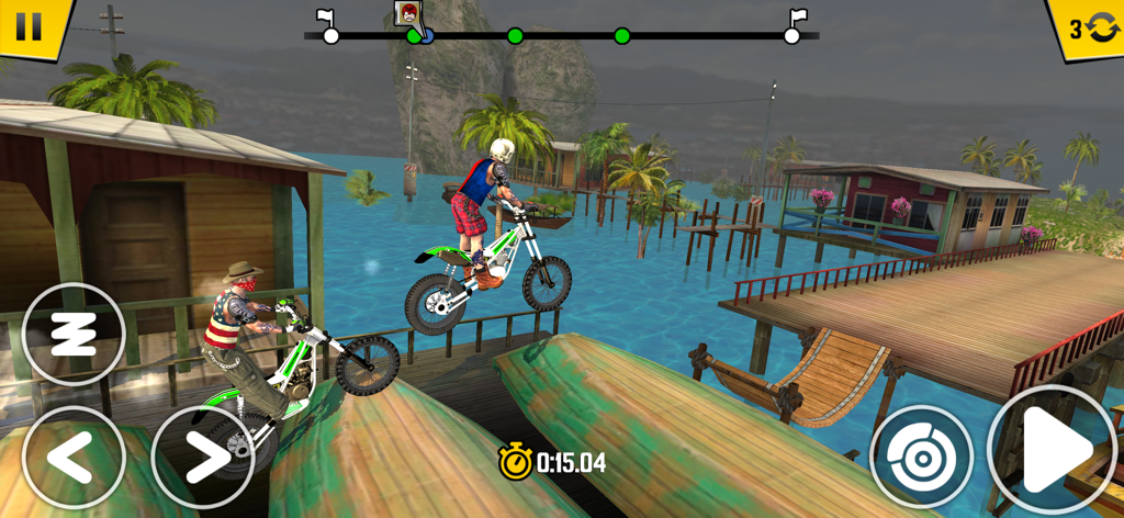 Two players racing dirt bikes on a tropical obstacle course over water