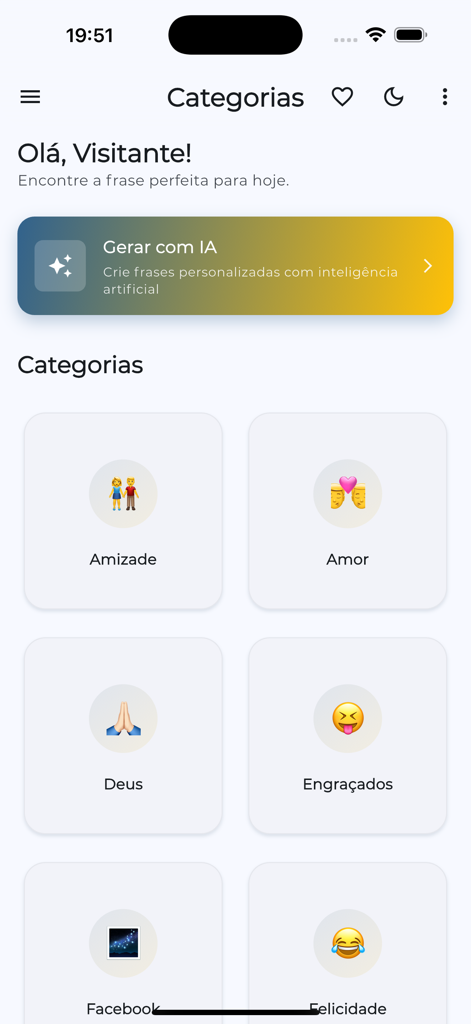 Frases Status + IA - Frases Statusアプリのホーム画面、引用カテゴリとAIフレーズジェネレーターボタンを表示