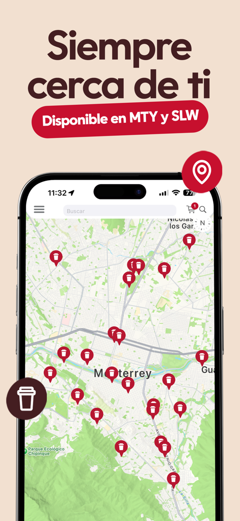 TIM HORTONS MX - App Tim Hortons MX mostrando un mapa localizador de tiendas con múltiples ubicaciones de cafeterías en Monterrey
