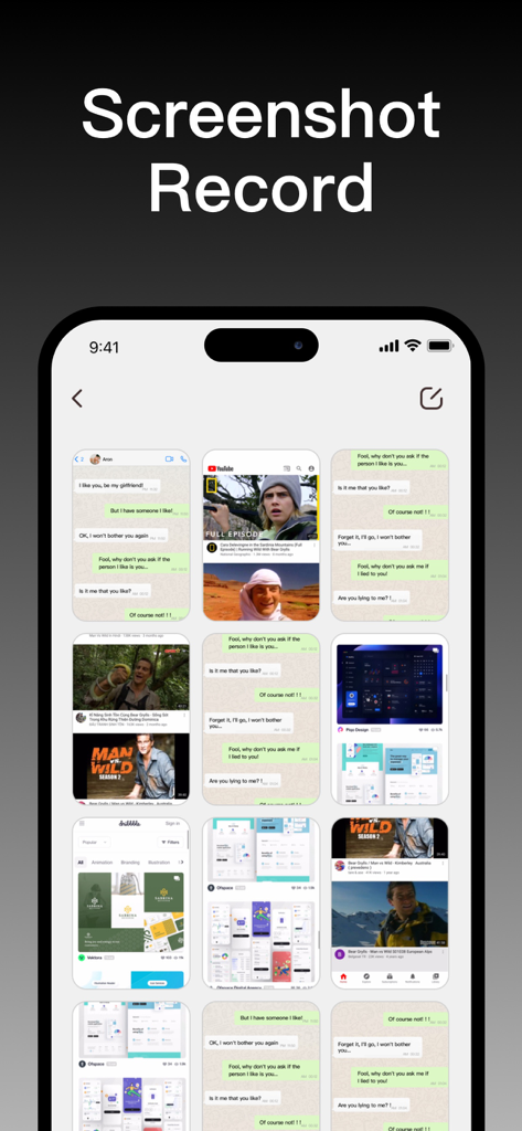 Longshot - ScreenShot Stitcher - A gallery view in the Longshot app showing multiple screenshots and screen recordings ready for stitching.