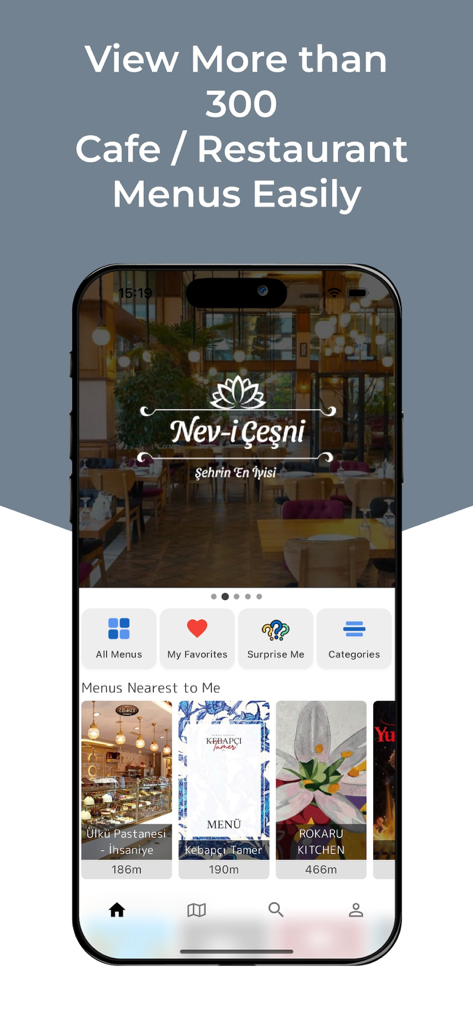 MenuCebimde - Mobile app interface for MenuCebimde showing local restaurant menus and discovery categories.