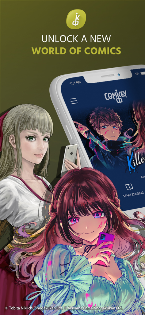 Comikey - Manga & Webcomics - Opening screen of the Comikey app featuring manga characters and a smartphone interface displaying comic book content