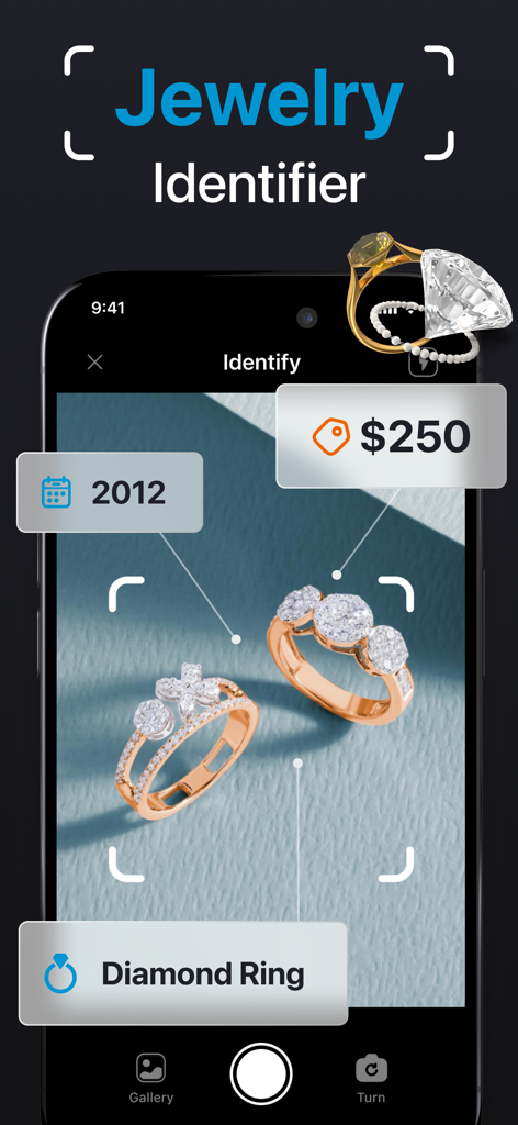 Jewelry Identifier - Interfaz de la aplicación Identificador de Joyas mostrando la estimación de precio y la identificación de anillos de diamantes.