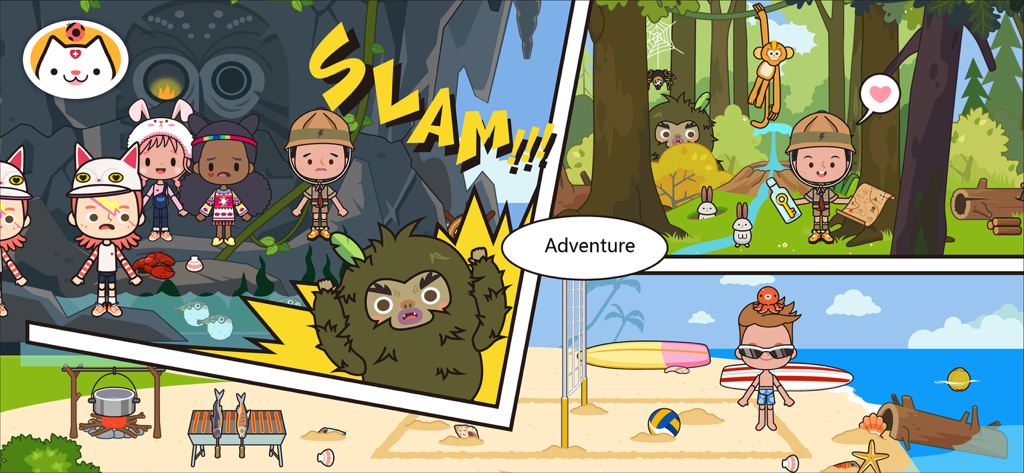Miga Town: My Vacation - A collage showing various adventure locations like a beach forest and cave with cartoon characters from Miga Town