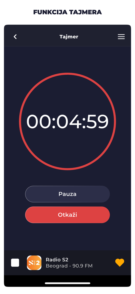 Radio Serbia FM Online Live - Interface do temporizador de sono do aplicativo Rádio Sérvia FM com uma contagem regressiva para a Rádio S2