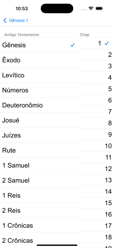 Interface of the Portuguese Holy Bible app showing the list of Old Testament books and chapter selection.