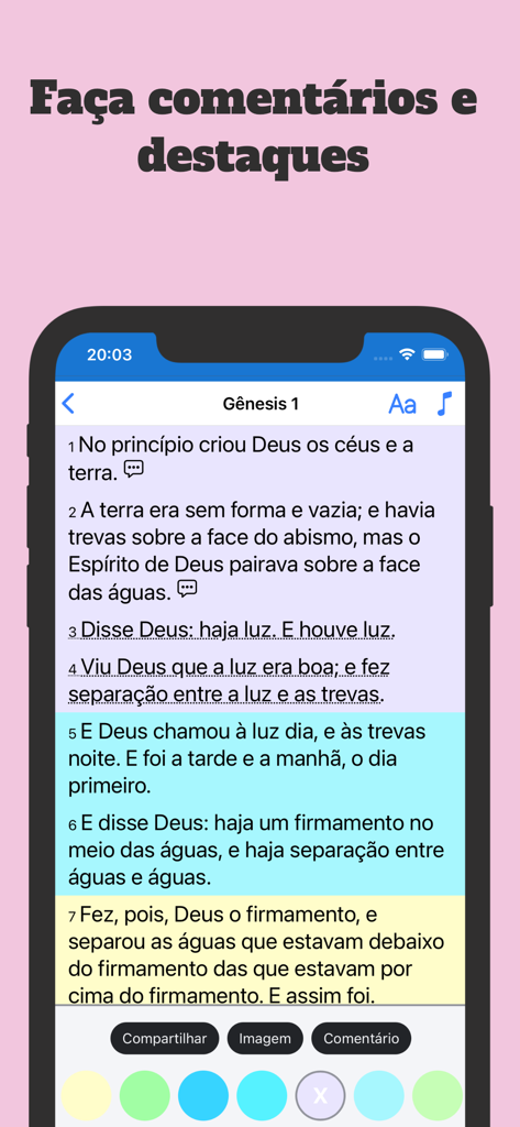 Harpa Cristã: Hinos com áudio - Interface of the Harpa Crista app showing a Bible passage with colored verse highlights and commenting tools.