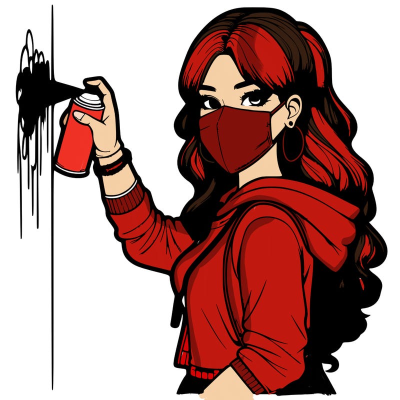 realistic girl with mask spray painting a wall