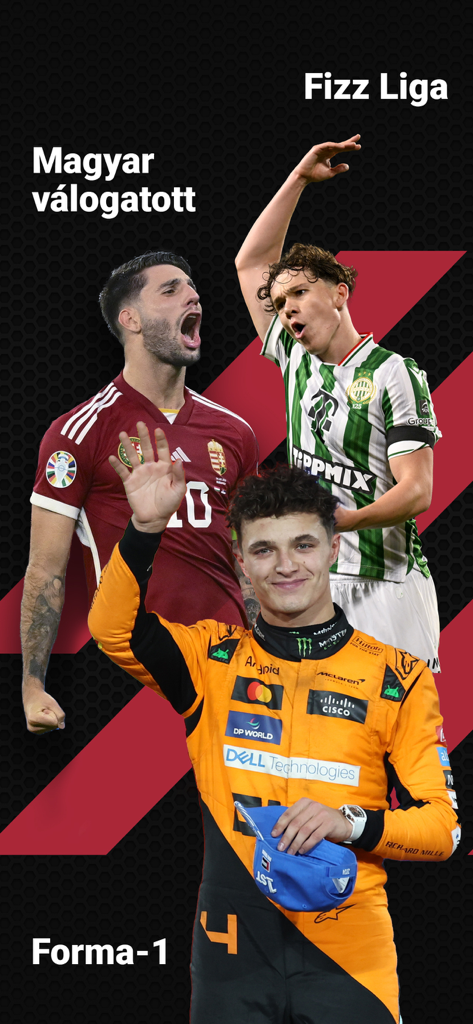 M4 Sport app showcase featuring Hungarian national team soccer and Formula 1 racing.