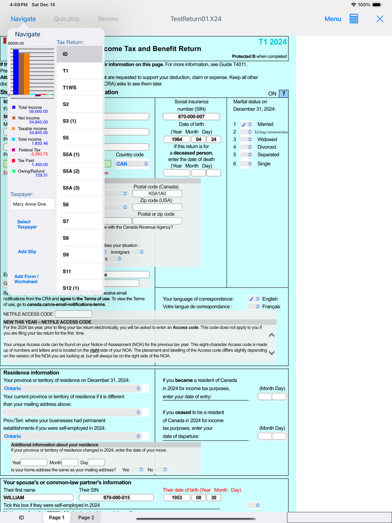TaxFreeway 24 - iPad screen of TaxFreeway 24 showing a Canadian T1 tax form and a sidebar with an income summary chart
