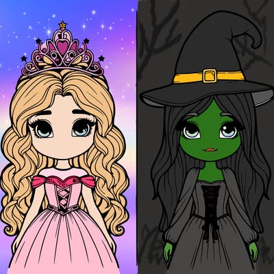 two realistic girls one princess one witch