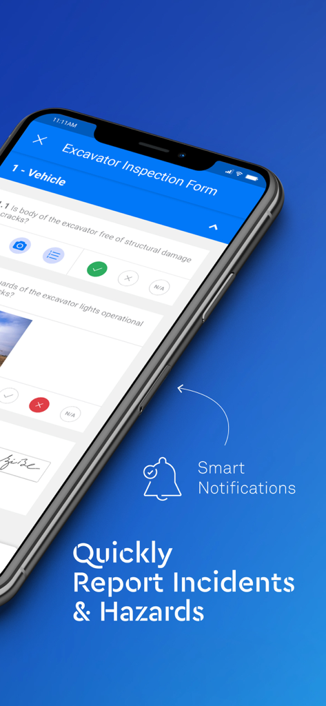 eCompliance – Safety App - eCompliance app showing an excavator inspection form and smart notifications for hazard reporting.