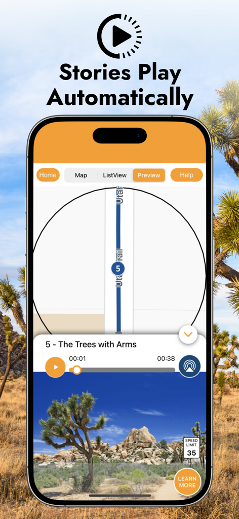 Joshua Tree Audio Tour Guide - Joshua Tree National Park audio guide app interface showing the automatic story play feature and desert map.