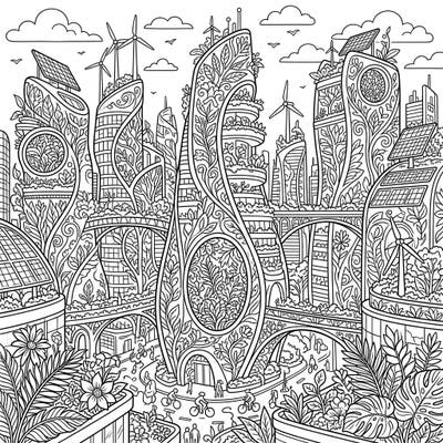 Step into a visionary world with this captivating Green Skyscrapers coloring page. Explore a detailed eco-city where innovative architecture blends seamlessly with nature, offering a unique and inspiring artistic challenge.