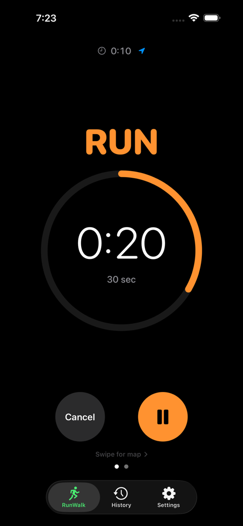 Active run interval timer screen in the WalkRun app showing a countdown for a thirty second running segment