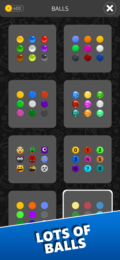 Ball Sort Master - Menu de personalização do Ball Sort Master mostrando diferentes opções de skins para as bolas