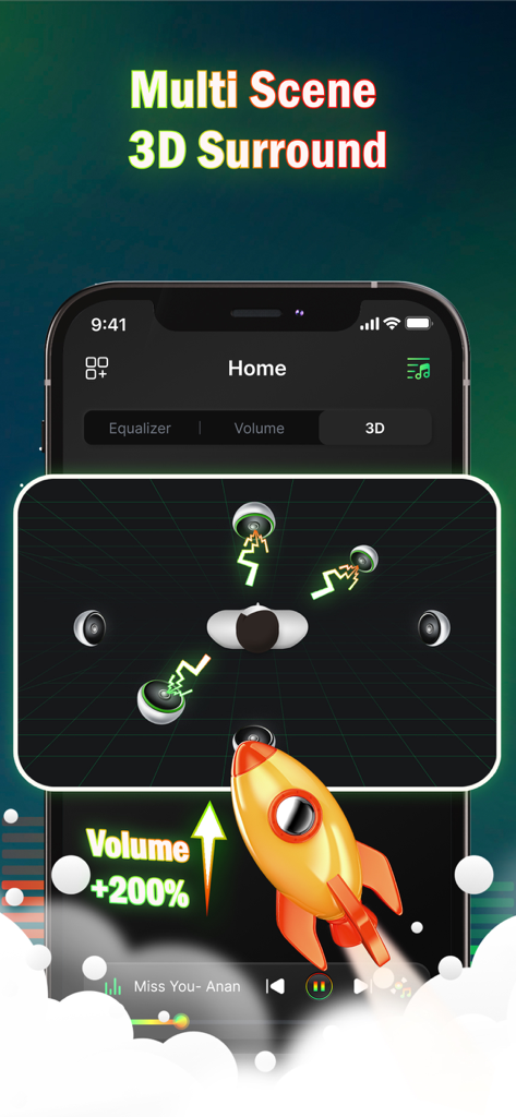 Captura de tela do aplicativo mostrando o recurso de som surround 3D com um ouvinte cercado por vários alto-falantes e uma ilustração de foguete para aumento de volume.