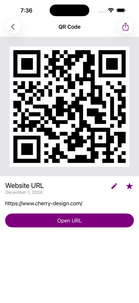 A scanned QR code displayed in the app with an option to open the associated website URL
