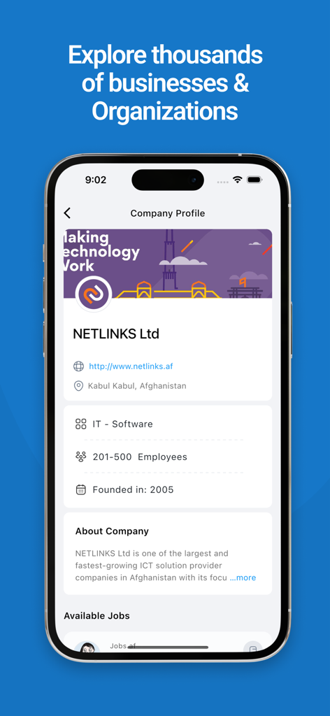 Jobs.af - Screenshot of the Jobs.af app showing a company profile for Netlinks Ltd with details about its industry and location in Kabul Afghanistan