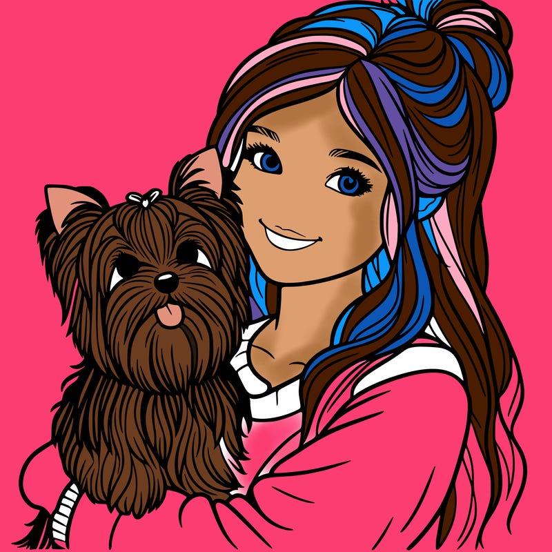 realistic girl with yorkie in lap