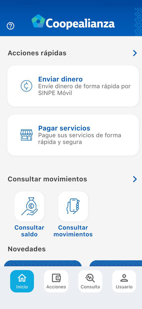 Coopealianza Sinpe Móvil - Coopealianza Sinpe Movil app home screen with options for sending money and paying services