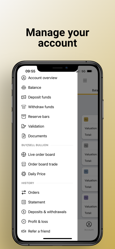 BullionVaultアプリのアカウント管理メニュー。残高入金および取引オプションを表示。
