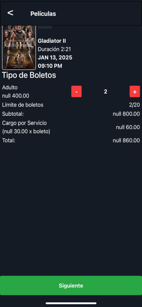 Caribbean Cinemas - Tela de checkout de ingressos de cinema no aplicativo Caribbean Cinemas mostrando os tipos de ingresso e preços para Gladiador II