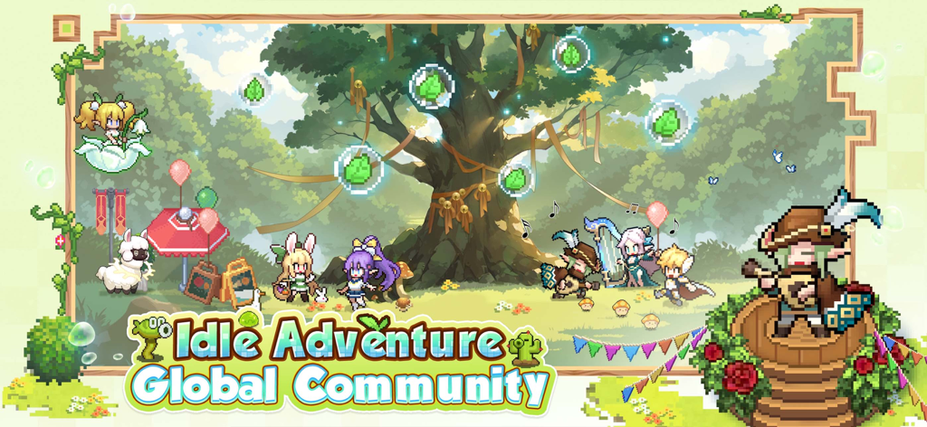 Pixel Heroes: Tales of Emond - Retro pixel art characters gathered under a large tree in a forest setting with the text Idle Adventure Global Community