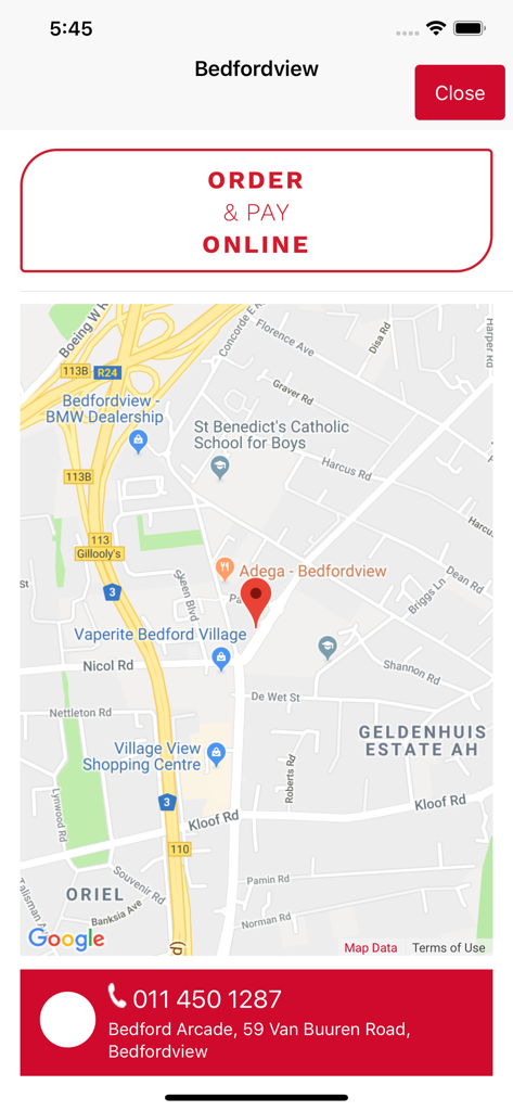 Map showing the location of an Andiccio24 pizza store in Bedfordview with order and pay online option