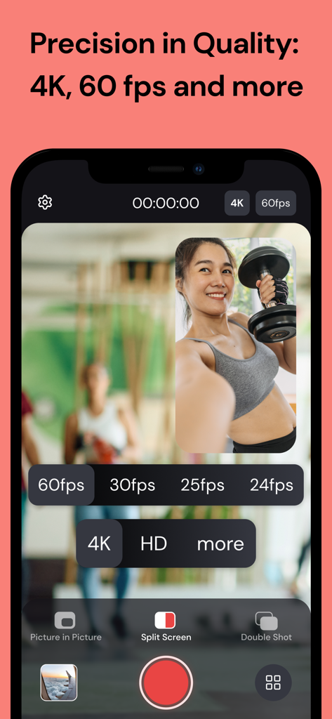 Interfaz de la aplicación DoubleTake mostrando ajustes de vídeo 4K y modo imagen en imagen multicámara