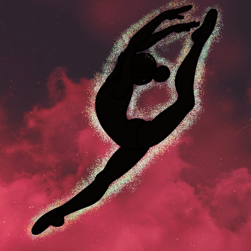 gymnast doing a leap in a leotard with a bent back leg