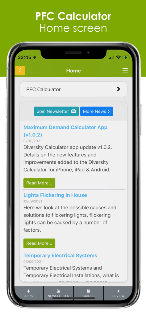 Home screen of the Fault Current Calculator app showing electrical guides and news