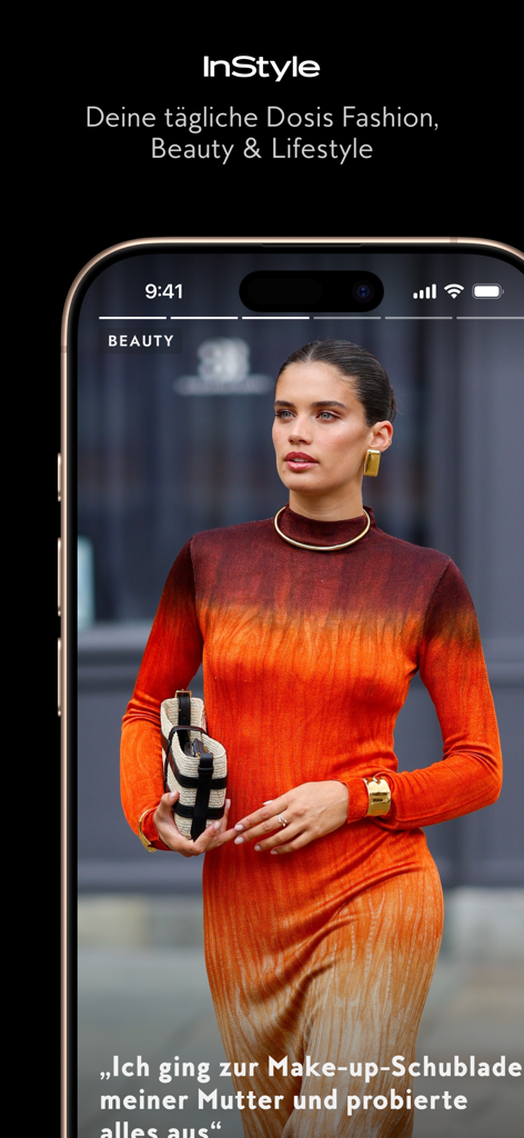 Interfaz de la aplicación InStyle que muestra a una mujer con un vibrante vestido naranja con noticias de belleza y moda