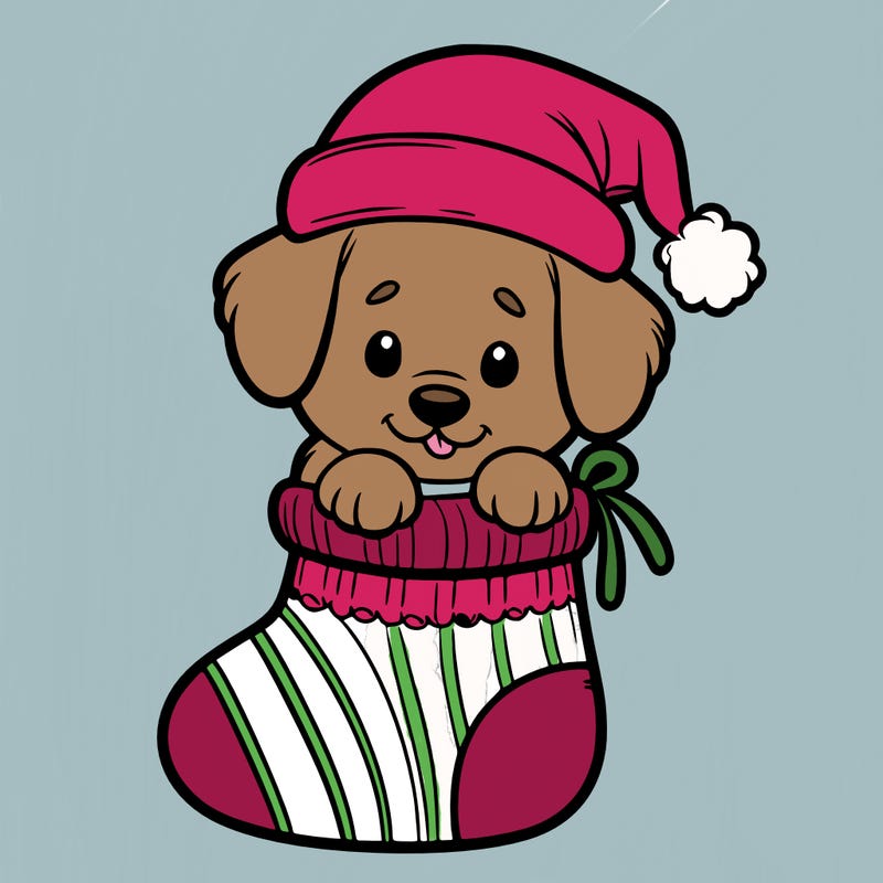 cute puppy wearing santa hat in socking