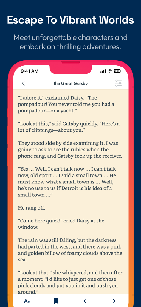 A mobile e-reading interface showing a page from The Great Gatsby with personalized text settings.