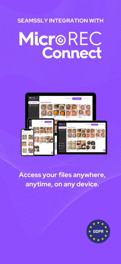 MicroREC App - MicroREC App interface displayed on a laptop, tablet, and smartphone showing medical data synchronization across devices.