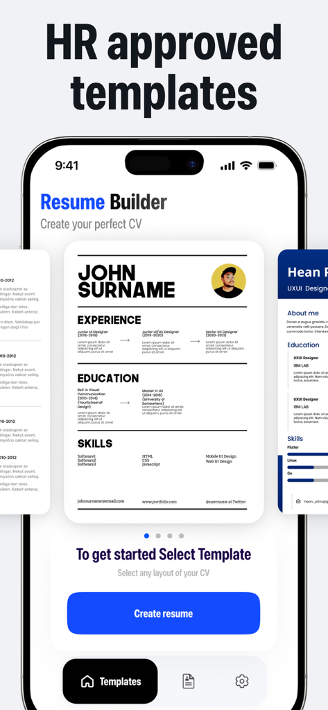 CV Builder: Resume Generator - Interfaz de la aplicación CV Builder mostrando plantillas de currículum profesionales y el editor de currículum en una pantalla de iPhone