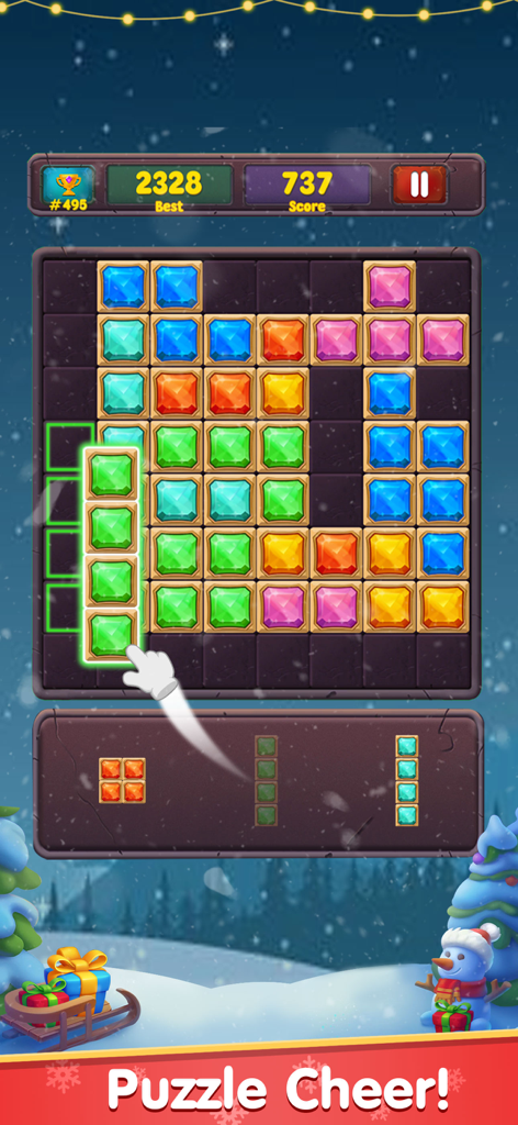 Block Puzzle Z Classic 1010 - Block Puzzle Z gameplay showing jewel blocks and winter background.