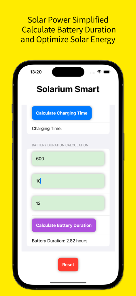 Interface do aplicativo Solarium Smart mostrando resultados de cálculo de duração de bateria solar