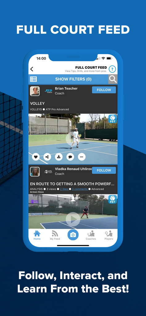 Full Court Tennis - Full Court Tennis app social feed showing professional coaching videos
