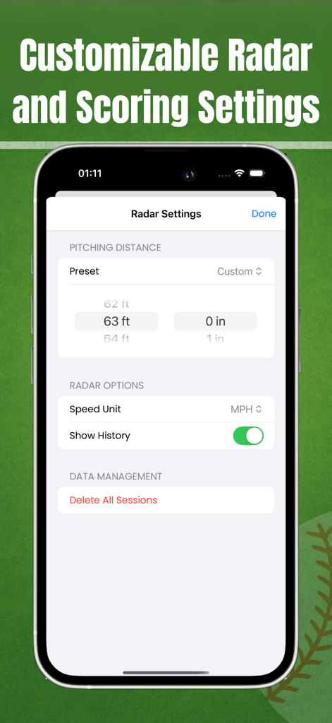 Pitch Counter - Radar Gun FYNX - Radar and scoring settings screen in the Pitch Counter app showing customization for pitching distance and speed units.