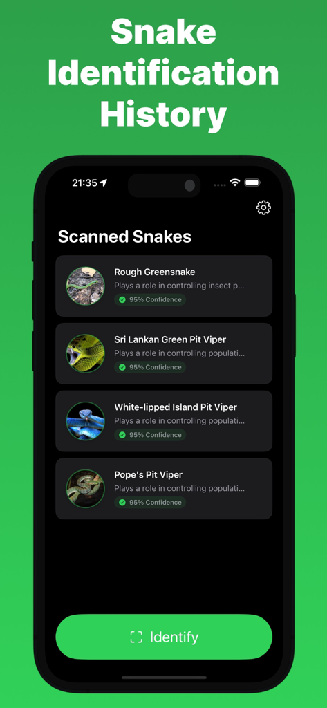 Snake Identifier - Snapey - Snapey app screen displaying a history of identified snakes with photos names and confidence levels