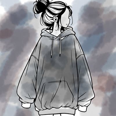 realistic girl with a oversized sweatshirt on and a bun