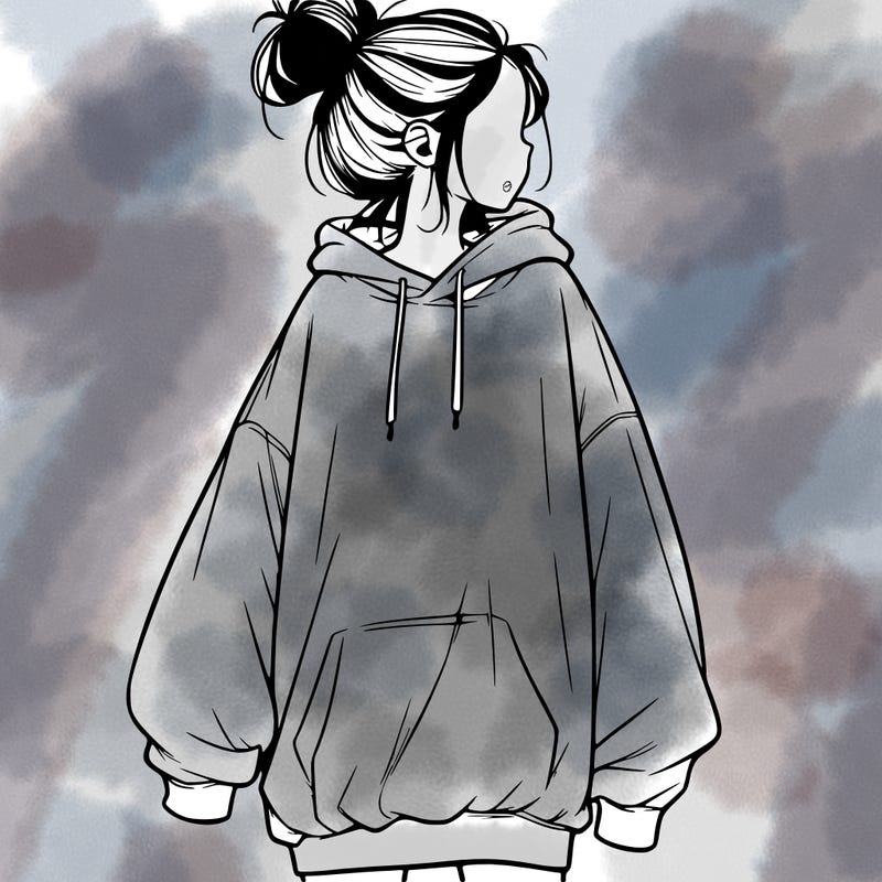 realistic girl with a oversized sweatshirt on and a bun