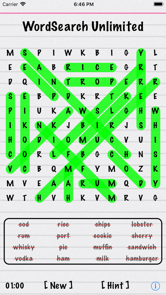 Word Search Unlimited - A completed word search puzzle in the Word Search Unlimited app with a classic paper and pencil theme