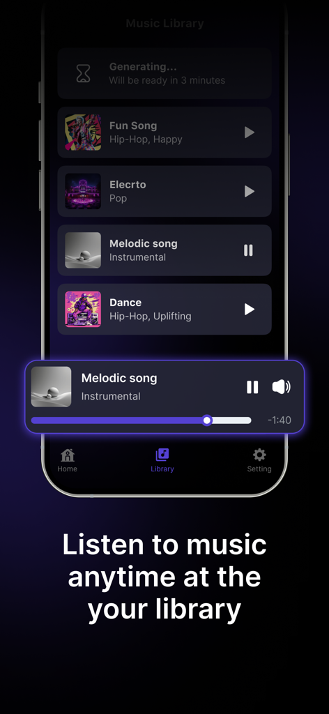 AI Song Generator: Make Cover - Mobile app interface showing a music library with AI generated songs like Hip Hop Pop and Instrumental tracks