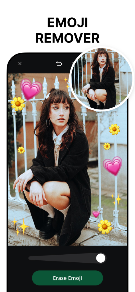 Background Eraser, AI - AppCut - Interface showing the AI emoji remover tool in AppCut with a before and after photo comparison.