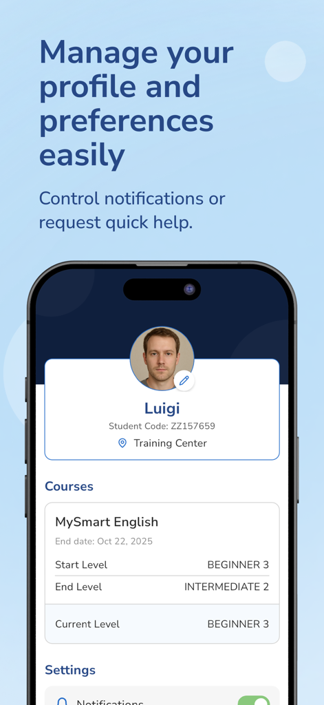 MYES - My English School - MYES app student profile screen displaying course progress and notification settings