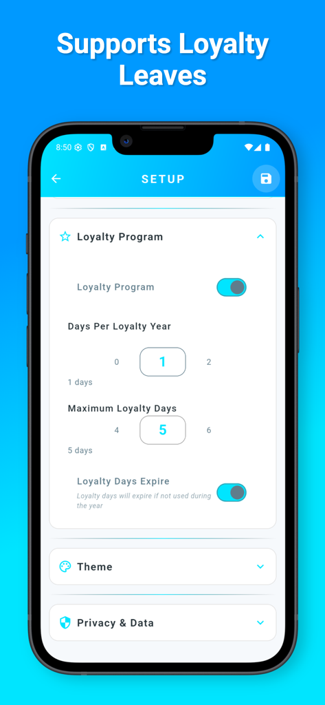 PTO/Time Off Tracker - Setup screen in the PTO Tracker app for configuring loyalty program leaves and extra vacation days.