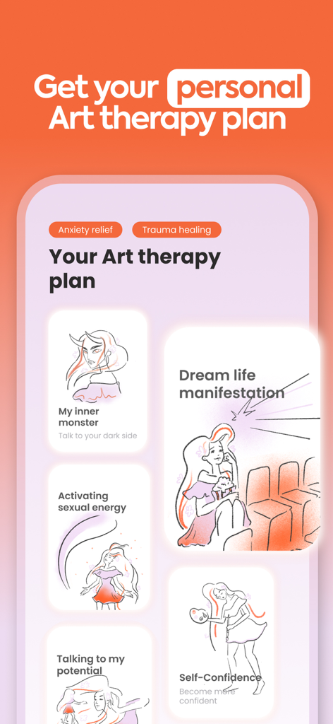 A personalized art therapy plan screen in the LINA app featuring various illustrated mental health modules for manifestation and anxiety relief